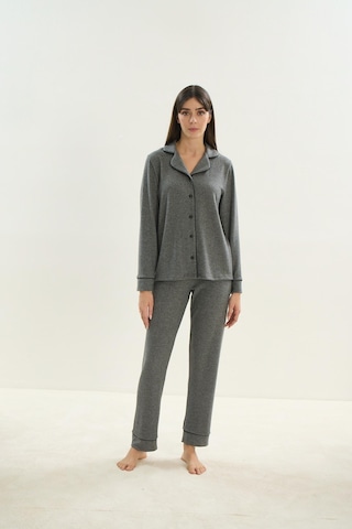 Kadın Uzun Kol Triko Önden Düğmeli Gri Melanj Pijama Takım C1t8n9o51 001