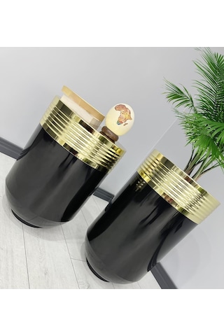 Elegant Dekoratif Gold Darbuka Parlak Siyah Saksı 70cm + Sehpa 60cm İkili Set