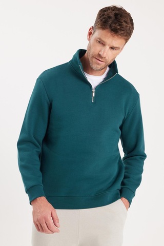 Tudors Unisex Relax Fit Rahat Kesim Pamuklu İçi Polarlı Yarım Fermuarlı Yeşil Dik Yaka Sweatshirt-35163 Yeşil