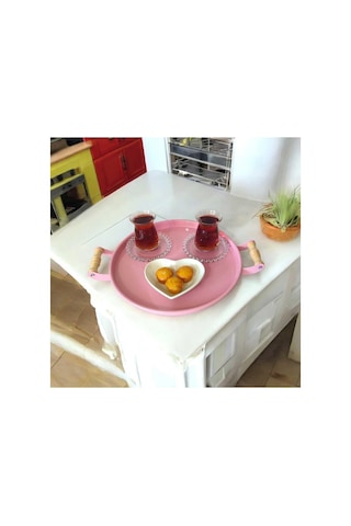 Eceaksesuar Tepsi Seti Ahşap Kulplu Metal Çay Tepsisi Kahve Tepsisi Sunum Kahvaltı 3'lü Tepsi Seti Pembe 40 X 30 Çok Renkli