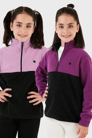 Lela Yumuşak Dokulu Yarım Fermuarlı Renk Bloklu Dik Yaka 2'Li Paket Çocuk Polar 5905004S2 Lila Siyah-Mor Siyah