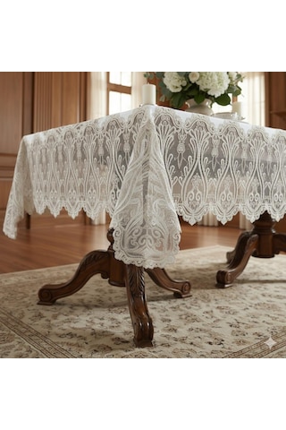 Fınezza1605 - 8690000058822 - Lilyum Dantelli Kadife Krem/bej Masa Örtüsü Dikdörtgen 160x230 Cm - 1605 Çok Renkli