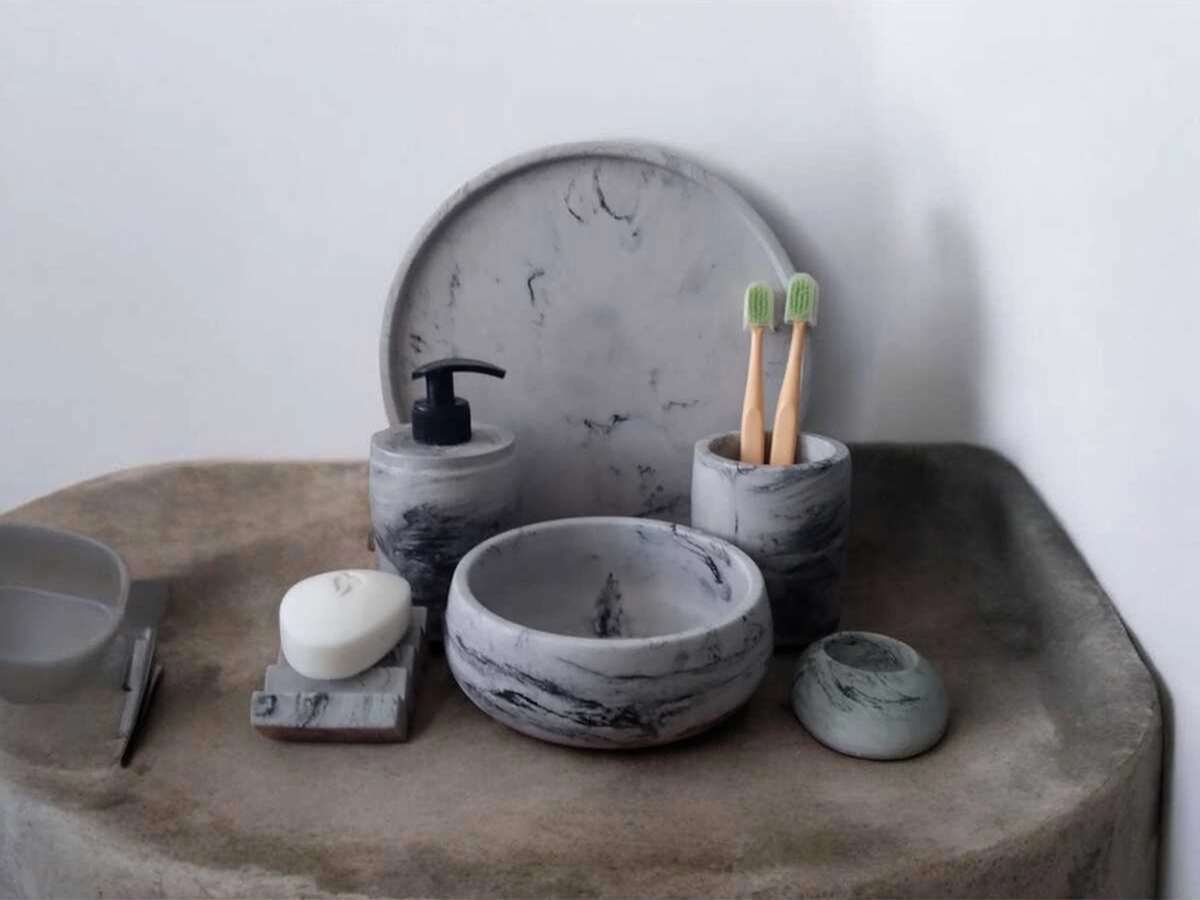 Mermer Desen Antrasit Beton Banyo Seti,tepsi,sıvı,katı Sabunluk,havluluk,mumluk Antrasit