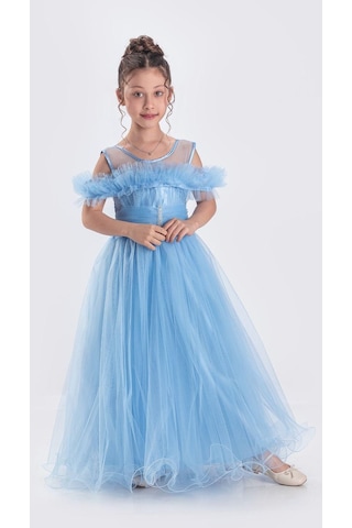 Mnk Baby & Kids Uzun Etek Kız Çocuk Robası Şifon Abiye M00723 Mavi