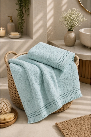 Paisley Desenli Saçaklı 2 Li Baş Ve Banyo Havlusu Seti 50x90 + 90x150 Cm - Buz Mavisi