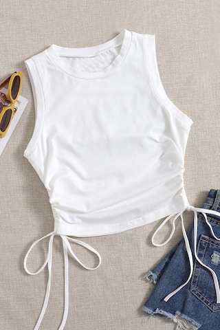 Merry See Yanları Büzgülü Kolsuz Bluz Crop Top Atlet Beyaz