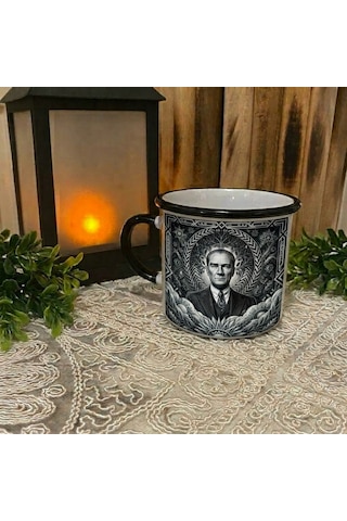 Kişiye Özel Siyah Beyaz Renk Tasarımlı Atatürk Portre Temalı Enamel Kupa Bardak 2 Siyah - Beyaz