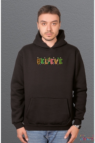 Bumeta Believe Christmas Yılbaşı Baskılı Sweatshirt Unisex Kapüşonlu Hoodie Siyah