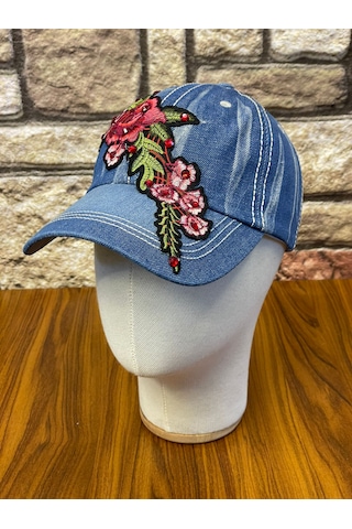Hamze Jean Kot Denim İndigo Kumaş Taşlı Gül Desenli Beyzbol Cap Şapka Açık İndigo