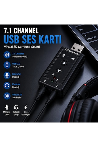 7.1 Usb Ses Kartı Harici Sound Card Virtual 3d Ses Çevirici Mikrofon Kulaklık Adaptörü
