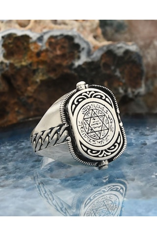 Prestij Gümüş Hz. Süleyman Mührü Ve Zirkon Siyah Taşlı Çift Tarafli 925 Ayar Gümüş Erkek Yüzüğü