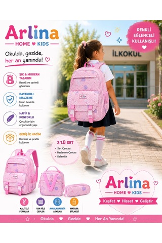 Kore Model 3 Lü Set Su Geçirmez Kız Çocuk Çantası Pembe Çanta-beslenme-kalemlik Seti