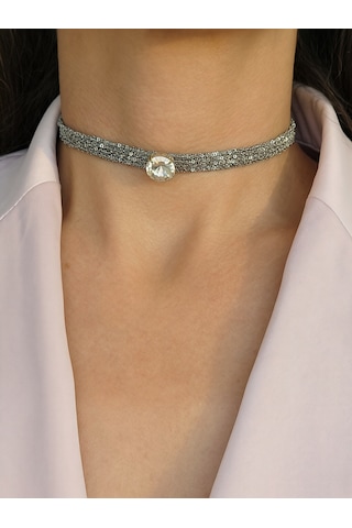 Kordon Zincir Örme Kristal Taşlı El Yapımı Choker Tasma Şeffaf Silver Renk Kolye Şefffaf