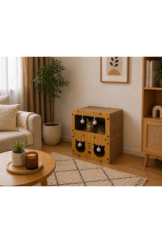 Pureza Ahşap Kedi Evi & Karton Tırmalama Alanı