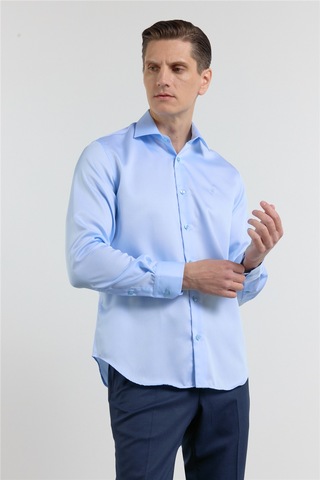 İmza Mavi Saten İtalyan Yaka Uzun Kol Cepsiz Slim Fit Pamuk Gömlek 1004255231 L