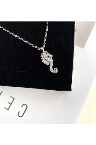 Deniz Atı Kadın Kolye Zirkon Taşlı Silver Kolye 45cm Gümüş
