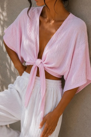 Bbbutikbasic Kadın Müslin Bağlamalı Bolero Bluz Oversize Salaş Yazlık Kimono Hırka My3535 Pembe