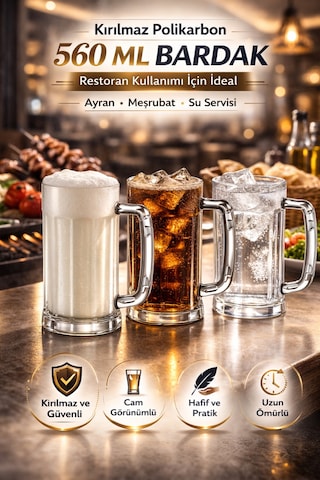 Polikarbon Kırılmaz 6 Adet 560 Ml Kulplu Bardak Ayran Bardağı Meşrubat Ve Su İçin Uygun Şeffaf