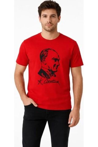 Butik İstanbul Erkek Atatürk Baskılı Tişört Kısa Kollu Bisiklet Yaka T-shirt - Kırmızı