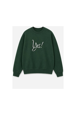 Herkesemoda Yes Yazılı Baskı Detaylı Şardonlu 2 İplik Bisiklet Yaka Sweatshirt Yeşil