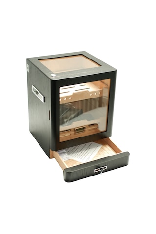 Premiumquality Sucre Aksesuar Çekmeceli İçi Ledli Siyah Sedir Humidor Puro Kutusu - Tr9650