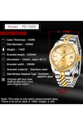 Pagani Design Pd-1645 Datejust Yeni Mekanik Erkek Kol Saati Otomatik Retro Saatler Erkek Su Geçirmez Çelik Saat Gold