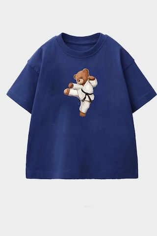 Monila Erkek Çocuk Pamuklu Bisiklet Yaka Karate Ayıcık Baskılı T-shirt Lacivert
