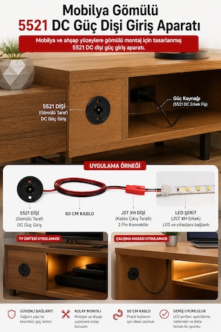 Mobilya Gömülü 5521 Dc Güç Dişi Giriş Aparatı 80 Cm Jst Xh Çıkışlı Güç Bağlantı Kablosu