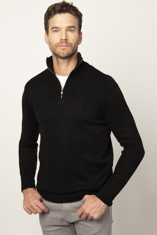 Tudors Slim Fit Dar Kesim Dik Yaka Fermuarlı Erkek Kazak-26347 Siyah