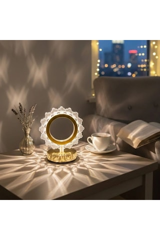 Gece Lambası Güneş Şeklinde Kristal Led Masa Lambası Dokunmatik 3 Renk Işık Modlu Şarj Edilebilir Küçük Boy Dekor Amaçlı .