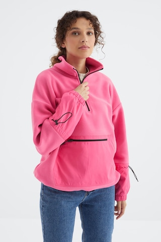 Tommy Life Şeker Pembe Etek Ucu Büzgülü Yarım Fermuarlı Oversize Kadın Polar Sweatshirt - 97238 Şeker Pembe