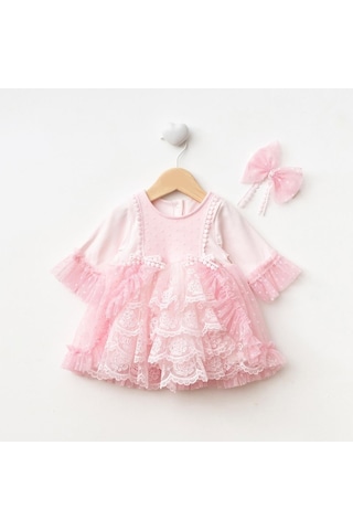 Ürünya Kız Bebek Uzun Kollu Bandanalı Tüllü Tokalı Elbise Pembe
