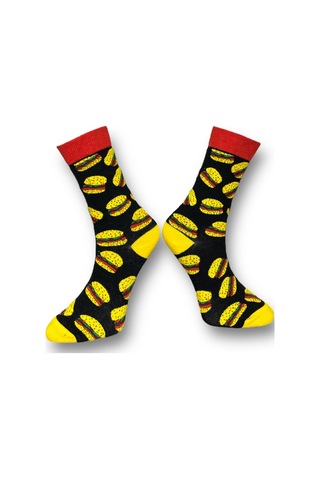 Me-vo Tekli Siyah Renkli Unisex Esnek Nem Alabilen Pamuklu Hamburger Desenli Soket Çorap Siyah