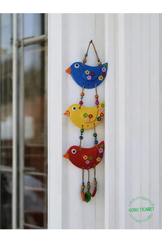 3'lü El Boyaması Dekoratif Kuş Duvar Ve Balkon Süsü Boncuklu Mavi