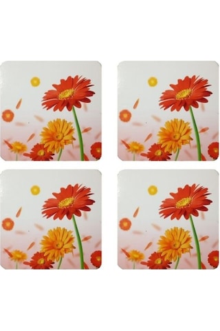 Ahşap Bardak Altlığı 4 Adet Çiçek Desen3 9x9cm Çok Renkli