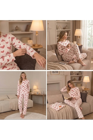 Lila İç Giyim Lila Kadın Pamuklu Kalp Desenli Uzun Kollu Pijama Takımı - Rahat Kalıp Kalp Desenli Kalpli Ekru