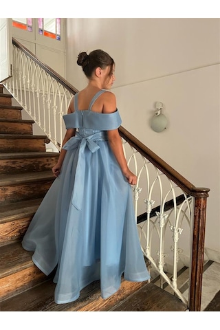 Kız Çocuk Uzun Mavi Askılı Şifon Abiye Elbise 10-14 Yaş Mavi