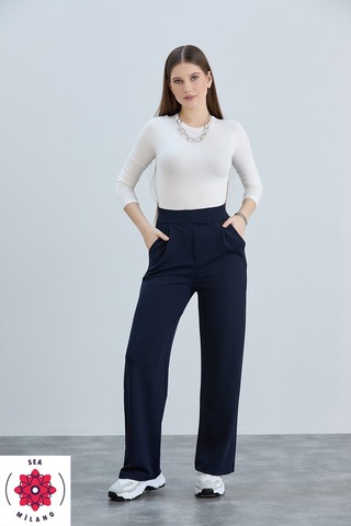 Kadın Gri Cırt Cırtlı Kapama Rahat Palazzo Likralı Esnek Beli Lastikli Pantolon Yüksek Bel Lacivert