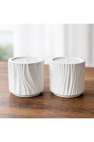 Dekoratif Beton Mum 2 Li Set Taş Tuzu - El Yapımı Modern Tasarım Mum Ev Dekorasyon & Hediyelik Beyaz
