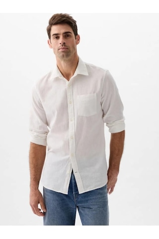Gap V-ls Standard Lınen Cotton Keten Karışımı Beyaz Gömlek 885302000-13508 Beyaz