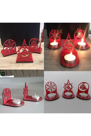 Yılbaşı Temalı Mumluklar - 3'lü Set - Ahşap