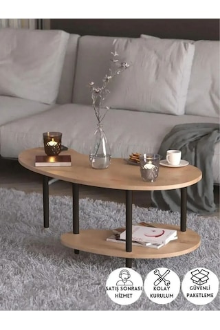 Yüksek Kalite Orta Sehpa 2 Raflı Ahşap Ayaklı Fasulye Gazetelikli Dekoratif Lüks Sehpa Safir Meşe