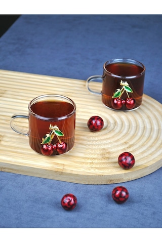 2'li Kirazlı Cam Mini Kupa Kiraz Çay Bardağı 130 Ml Kahve Fincanı Yılbaşı Şeffaf