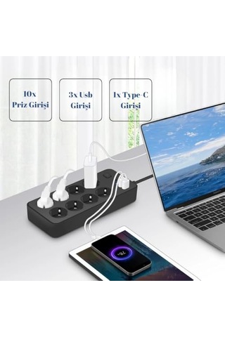 Termal Akım Korumalı, 10'lu Priz Soketi, Isıya Dayanıklı Yapı, 10x Priz, 3x Usb, 1x Type-c Girişi, Çocuk Korumalı Çoğaltıcı, 2 Metre Uzatma Kablosu 16a/3680w