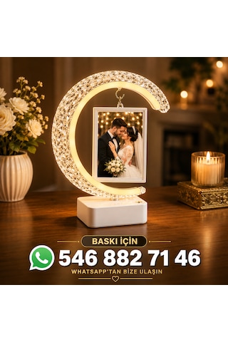 Kişiye Özel Fotoğraflı Kristal Hilal Led Masa Lambası Altın