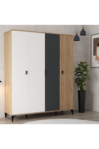 6402 Neva 4 Kapılı 200 Cm Gizli Çekmeceli Gardırop , Elbise Dolabı , Genç Odası Antrasit - Beyaz