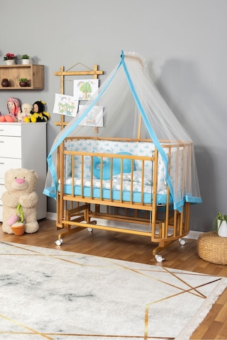 Ahşap Beşik Anne Yanı Beşik Doğal Vernikli 60x120 Mavi Balina Uyku Seti Yatak Tekerlekli Ahşap