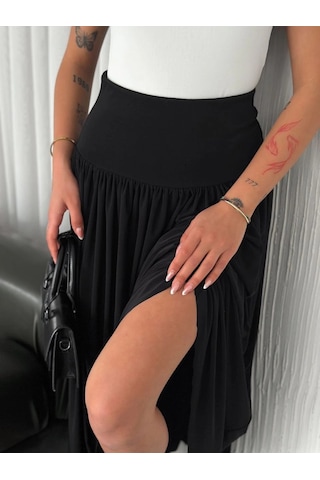Wear Vexel Sandy Uzun Beli Lastikli Yüksel Bel Etek Yazlık - Siyah Çok Renkli