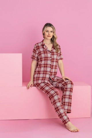 Medinenur Bordo Ekose Desenli Milan Örme Kısa Kol Düğmeli Pijama Takımı