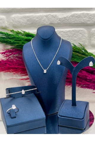 925 Ayar Gümüş Özel Tasarım 4 Lü Damla Modeli Lüks Kadın Takı Seti Gümüş